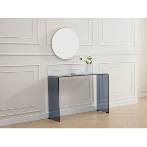 Moderner Konsolentisch Alonzo aus gebogenem, transparent-schwarzem Glas, 110 cm, als Wohnzimmertisch.