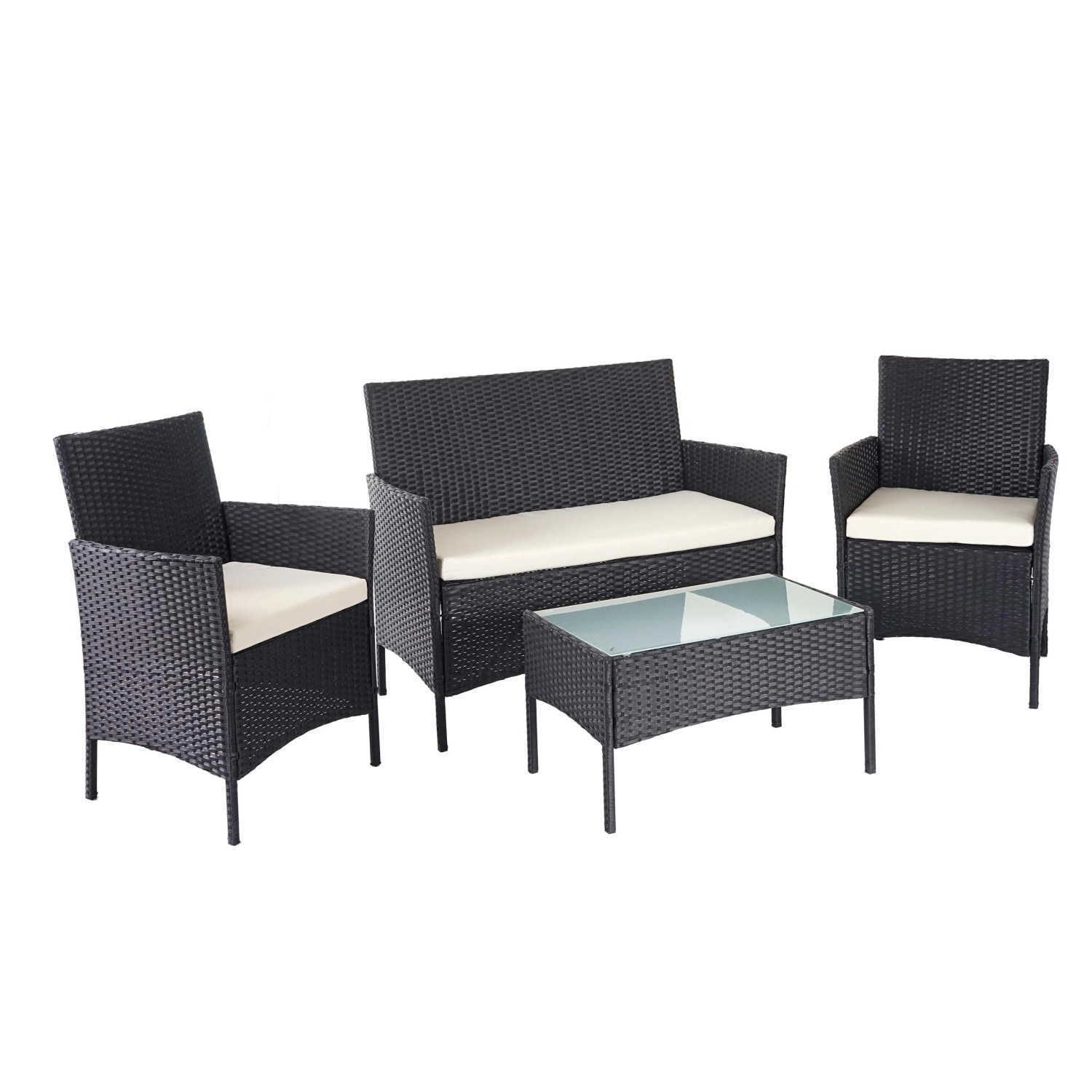 MCW Poly-Rattan Garnitur D82 4-teilig Schwarz mit Kissen Creme