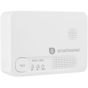 Smartwares Kohlenmonoxidmelder FGA-1305, weiß, mit Testknopf und LED-Anzeigen.