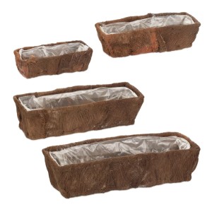 Relaxdays Blumenkasten 4er Set Tannenholz Kokosfaser PE Natur Ausgekleidet