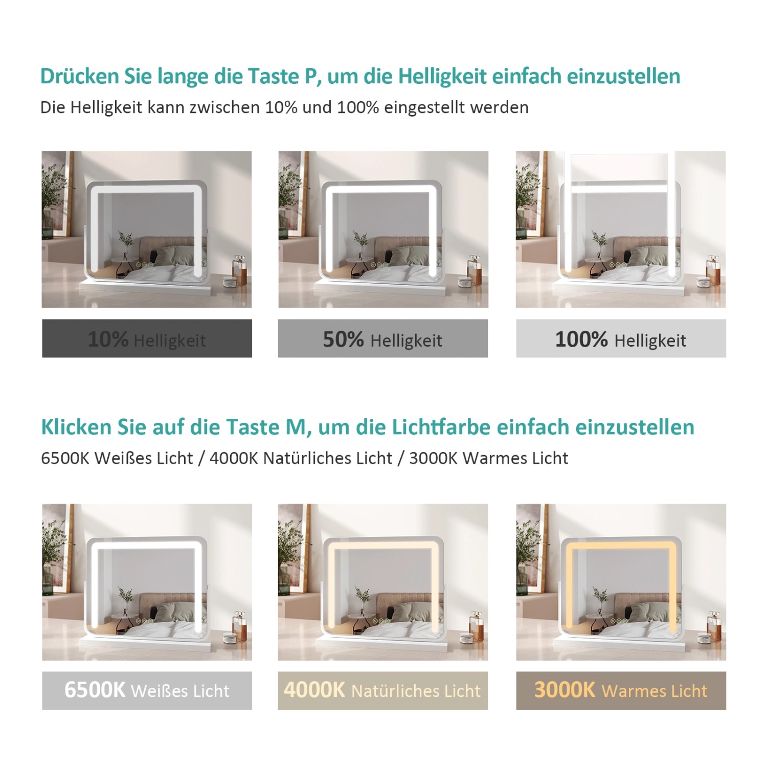 Emke Kosmetikspiegel mit verschiedenen Helligkeiten und Farbtemperaturen.