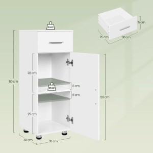 Weißer EUGAD Badschrank mit 1 Schublade, offener Tür, verstellbaren Einlegeböden, Maße 30x30x80 cm.