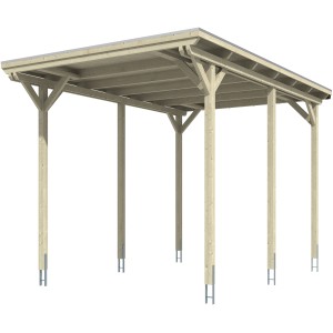 Skan Holz Carport Emsland Caravan, schiefergrau, mit flachem Dach und sechs Pfosten.