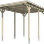 Skan Holz Carport Emsland Caravan, schiefergrau, mit flachem Dach und sechs Pfosten.