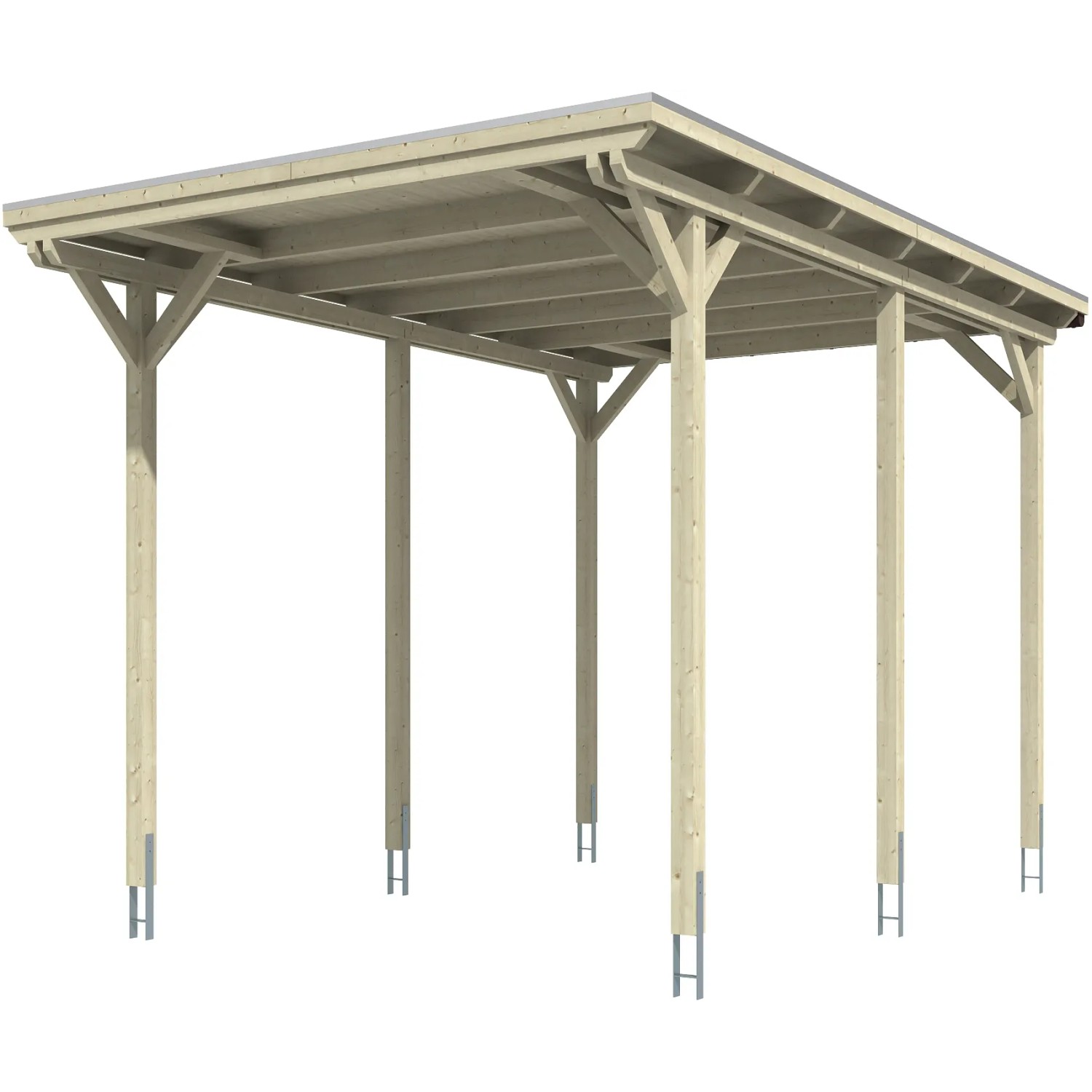 Skan Holz Carport Emsland Caravan, schiefergrau, mit flachem Dach und sechs Pfosten.