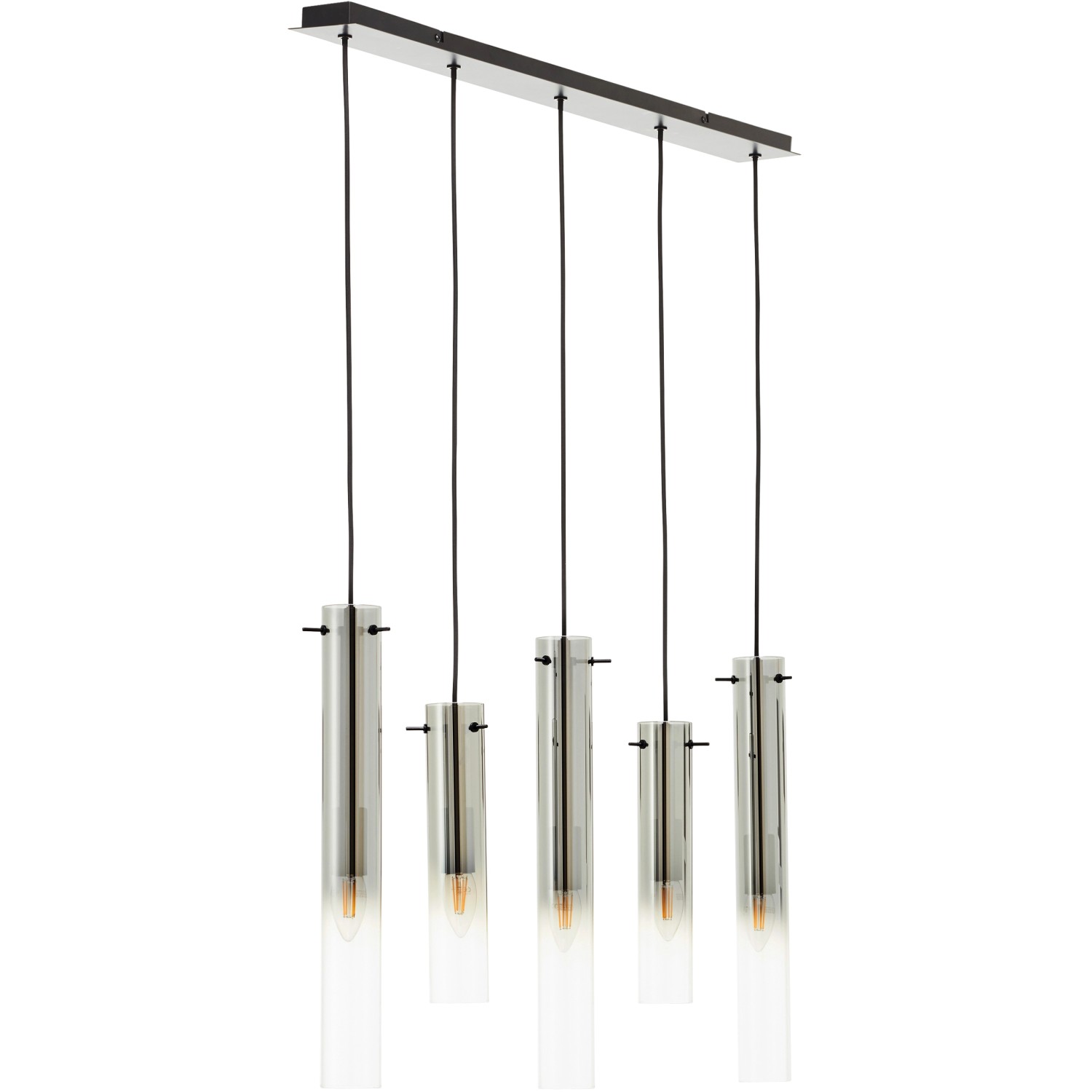 Moderne 5-flammige Pendelleuchte Glasini in Schwarz Matt mit zylindrischen Glasschirmen.
