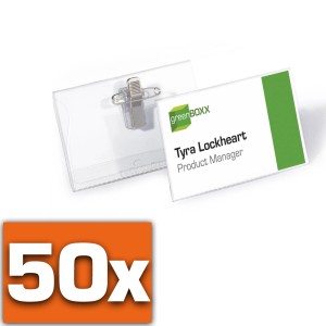 Packung mit 50 transparenten Namensschildern mit Kombiklemme für Bürobedarf.
