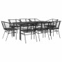 Schwarze 9-teilige Garten Essgruppe mit Kissen, Poly Rattan und Glas Tischplatte.