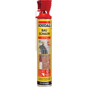 Gelbe Dose Soudal Bauschaum B2 750ml mit roter Genius Gun für präzise Dosierung.