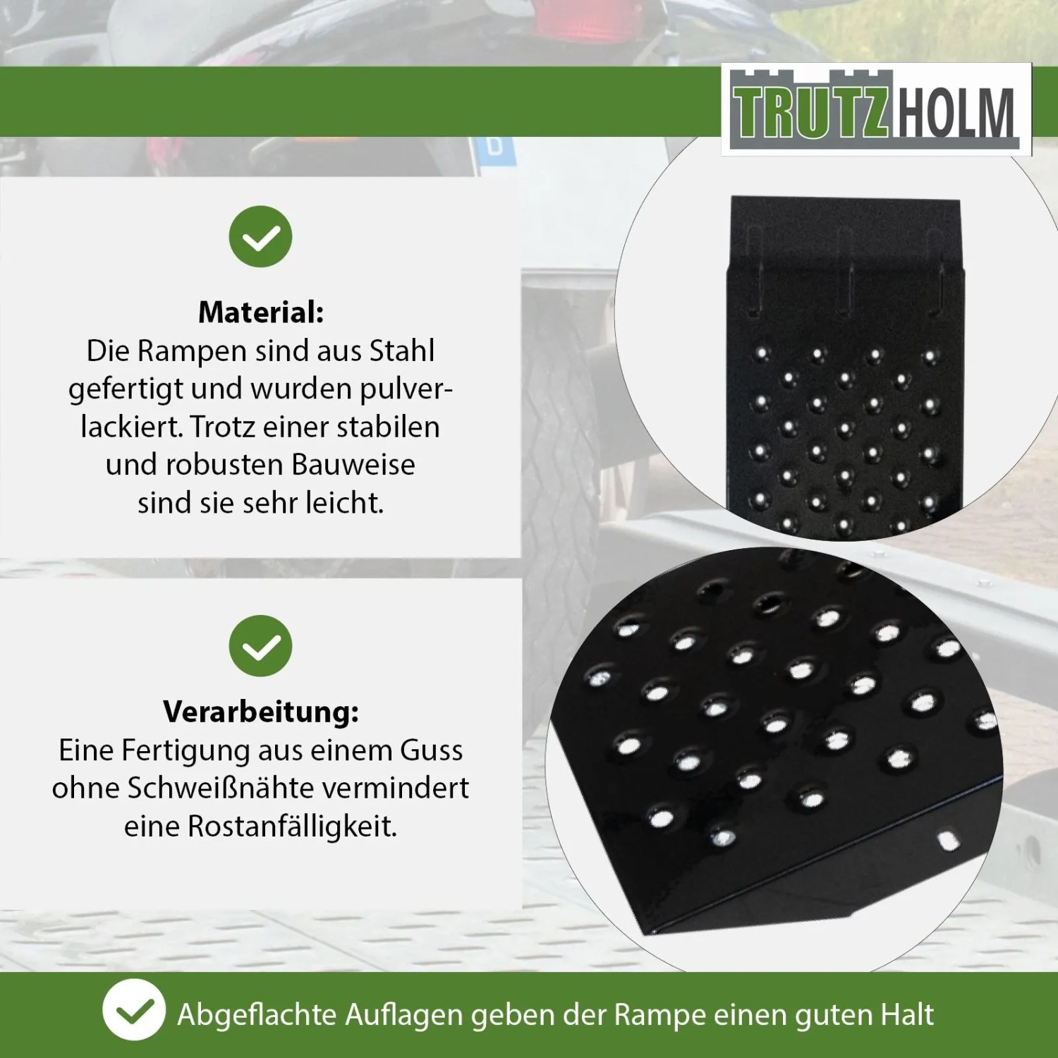 Detailansicht der schwarzen TRUTZHOLM Stahl Auffahrrampe mit rutschfester, gebördelter Lauffläche und abgeflachter Auflage. Zubehör für Autoanhänger.
