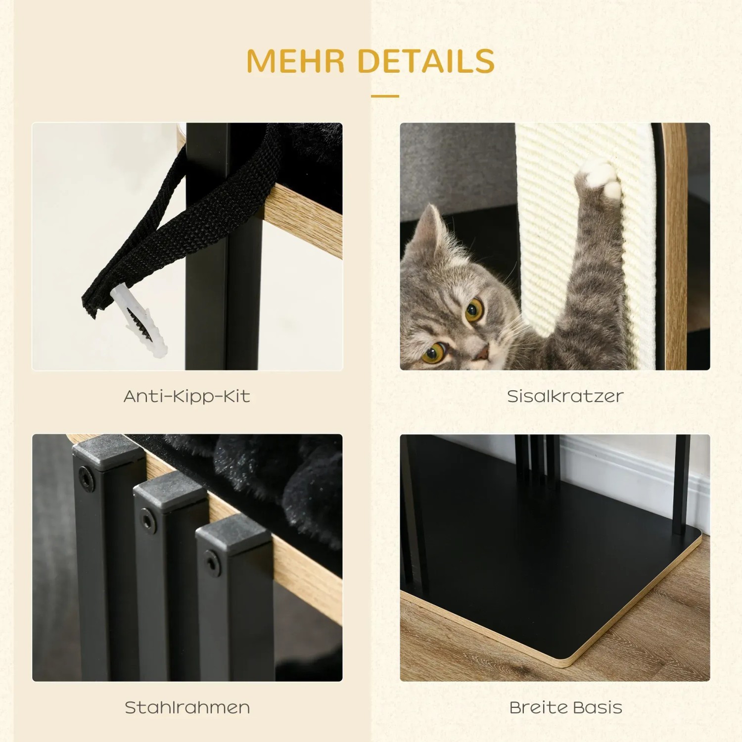 Details des schwarzen PawHut Kratzbaums: Kippschutz, Sisal, Stahlrahmen und breite Basis.