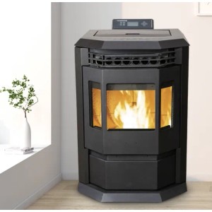 Schwarzer SCHENGER Pelletofen HLP3602 mit Flamme und digitalem Display.