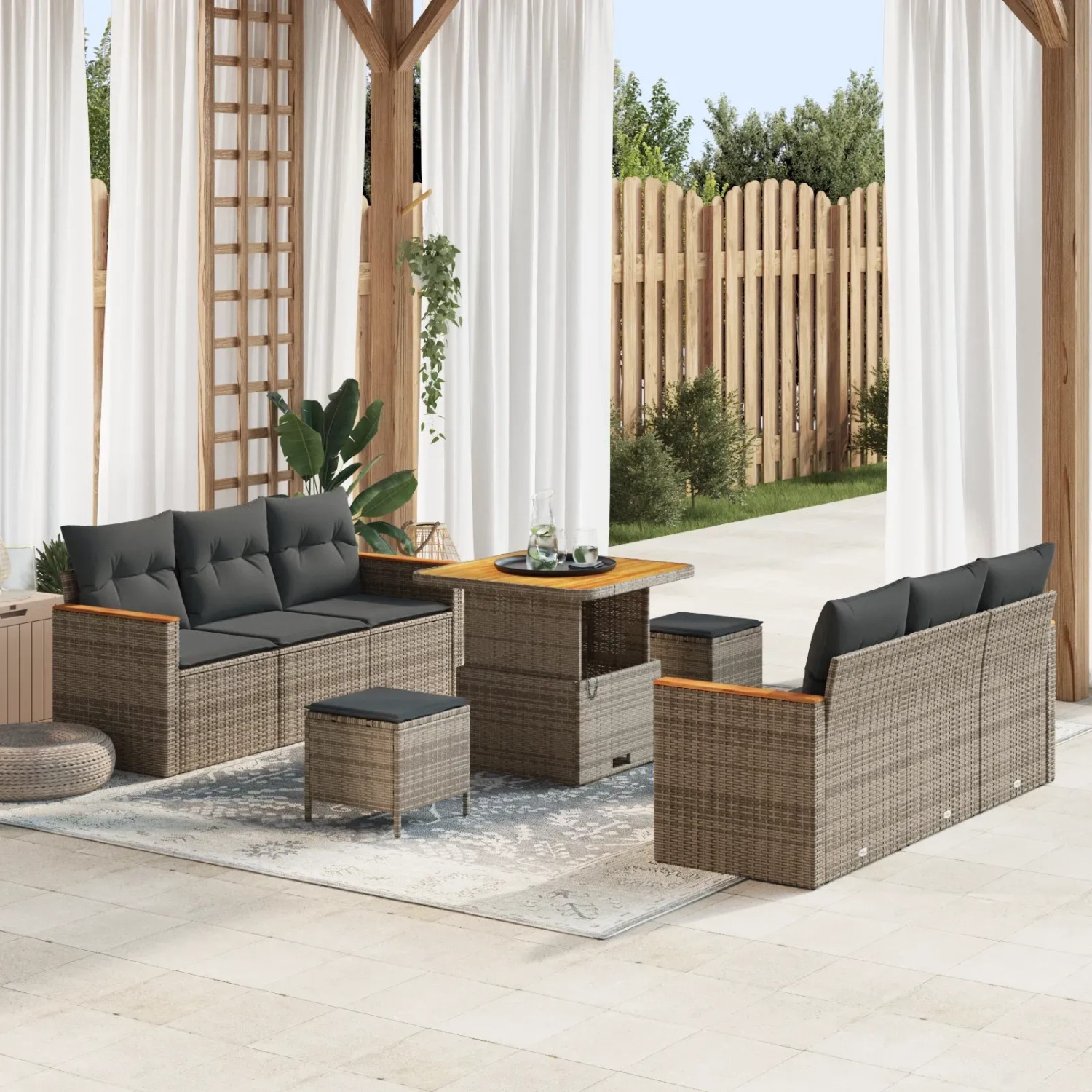 Graues 9-teiliges Garten-Sofa-Set aus Poly Rattan mit Kissen und Tisch für Terrasse und Garten.