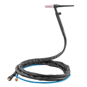 STAHLWERK WP-17V Lift-Tig-Schweißbrenner mit 4m Schlauchpaket, 13mm Dorn. Schwarzer Brenner, rosa Keramikdüse, blauer Innenschlauch.