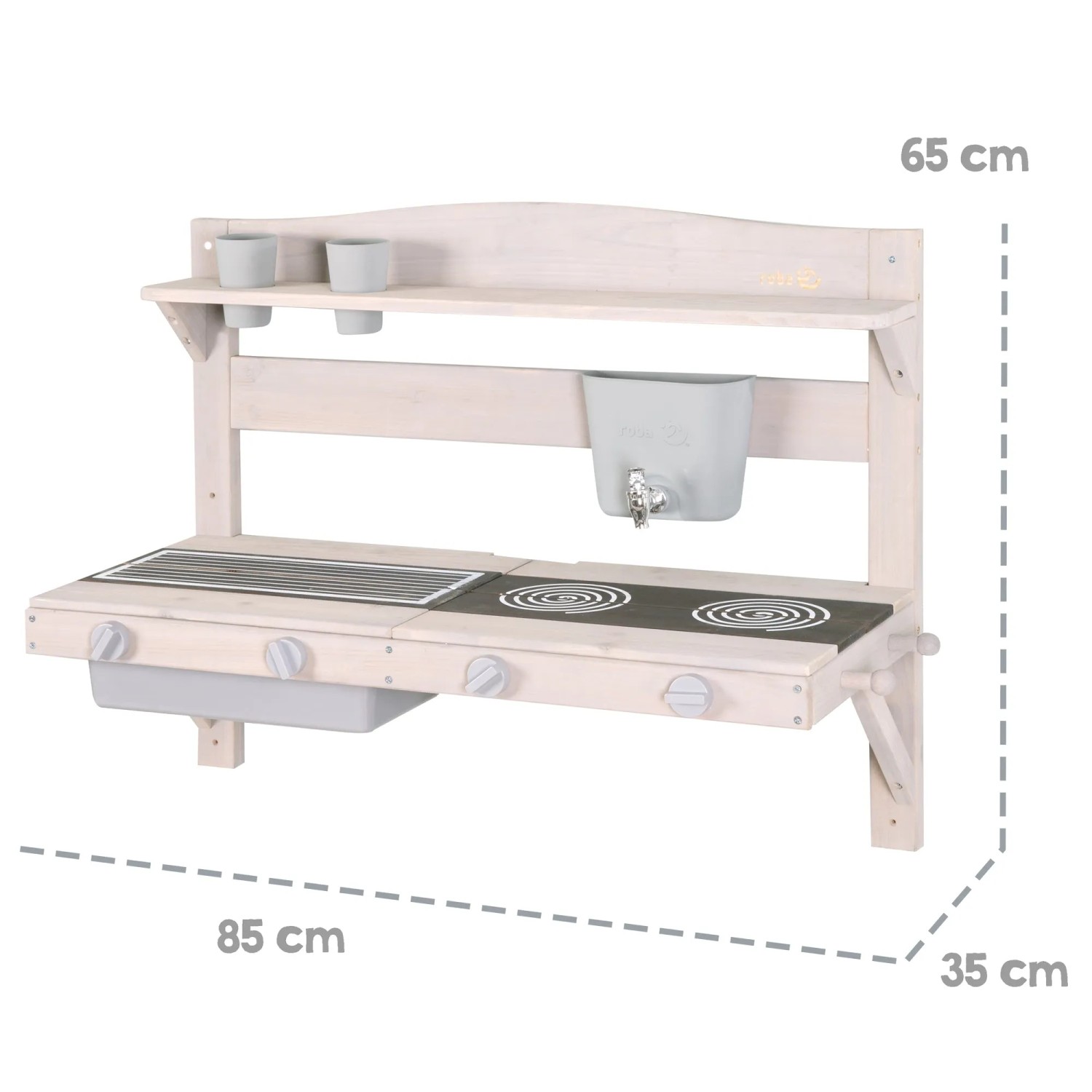 roba Matschküche zum Hängen, grau, aus FSC-Holz mit Kochfeld, Spüle und Zubehör.