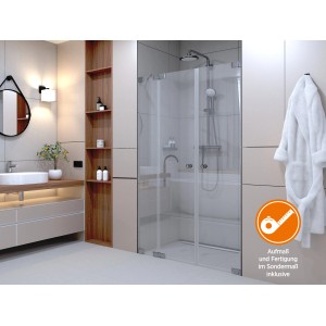 Dusch-Pendeltür Brava in Nische, Chrom, Sondermaßanfertigung mit Festteil L im Badezimmer.