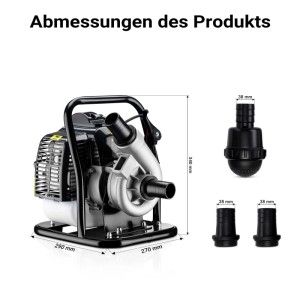 Wiltec Benzin Wasserpumpe, schwarz-silber, mit Tragegestell. Maße 290x270x340 mm, 38mm Filter & Schlauchanschlüsse für Gartenpumpe.
