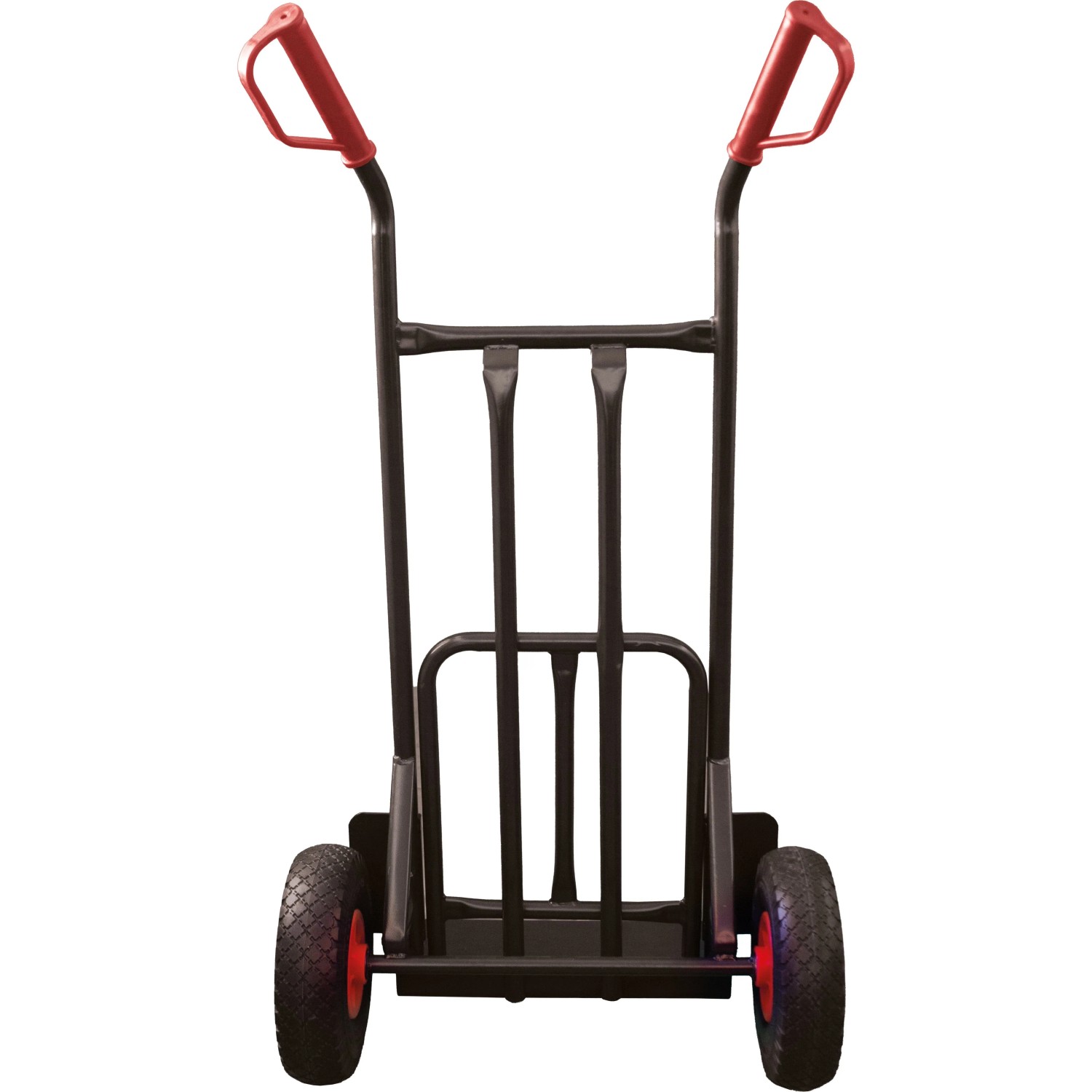 Schwarze Pro-Bau-Tec Sackkarre mit PU-Rad, 200 kg Tragkraft, rote Griffe.