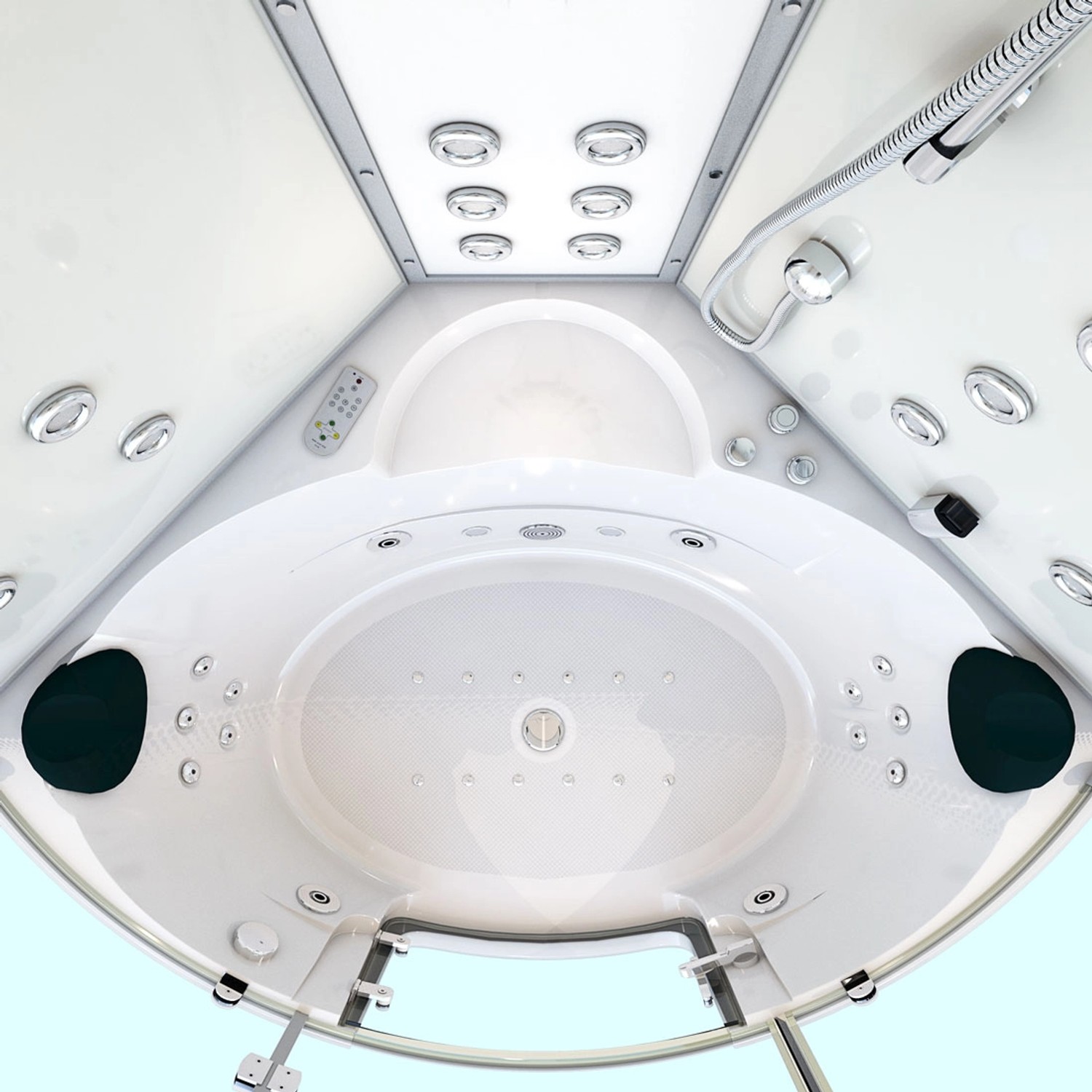 Innenansicht der AquaVapore Dampfdusche mit Whirlpool, Dusche und Duschkabine (150x150cm).