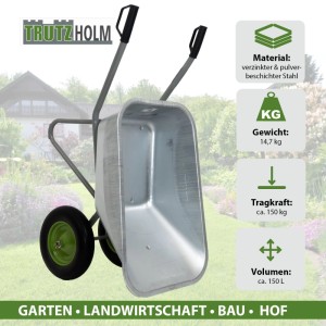 TRUTZHOLM Schubkarre mit zwei Rädern, verzinkte Wanne, 150 l Volumen und 150 kg Traglast.