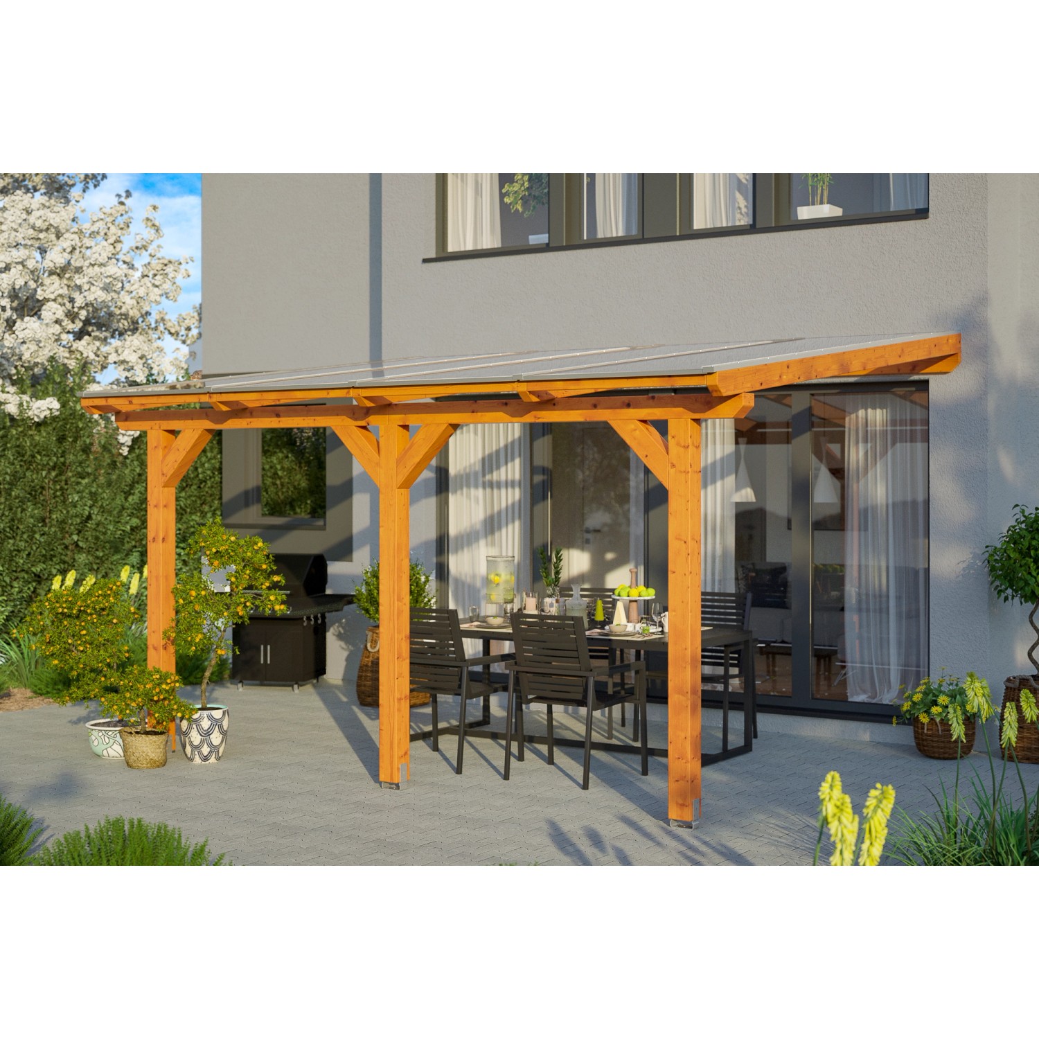 Skan Holz Terrassenüberdachung Bormio 434 cm x 350 cm Leimholz Eiche Hell günstig online kaufen