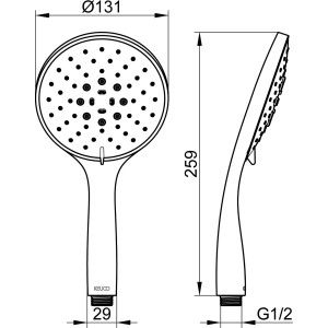 Technische Zeichnung Keuco Handbrause Edition 400 Chrom mit Maßangaben.