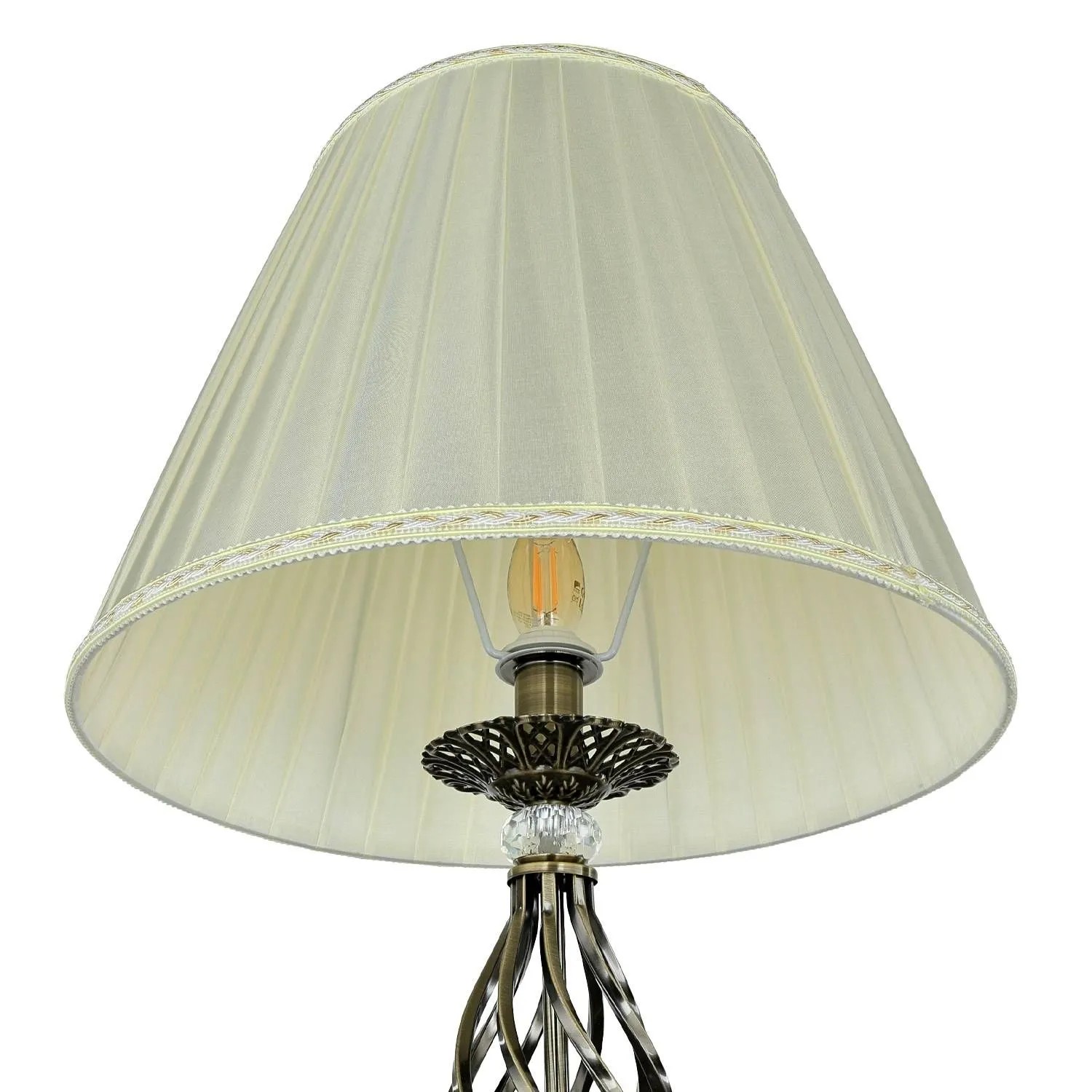 Detailansicht: Beige Stoff Stehlampe im Antik-Messing Design, 165cm hoch. Elegante Wohnraumleuchte.