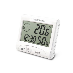 medisana HG 100 digitales Hygrometer: Anzeige von Temperatur, Luftfeuchtigkeit und Uhrzeit.