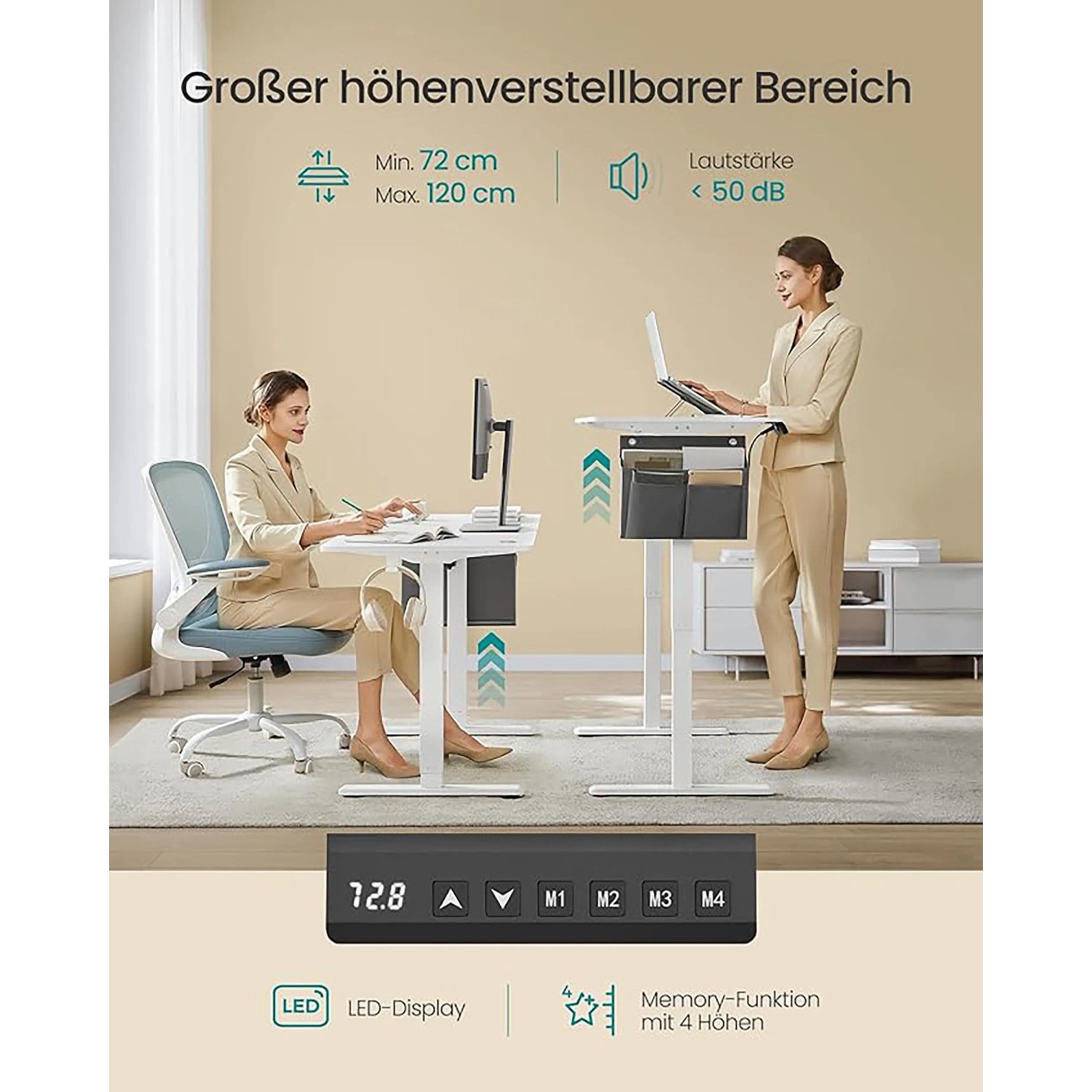 Weißer, höhenverstellbarer Songmics Schreibtisch Balok mit zwei Personen im Büro.