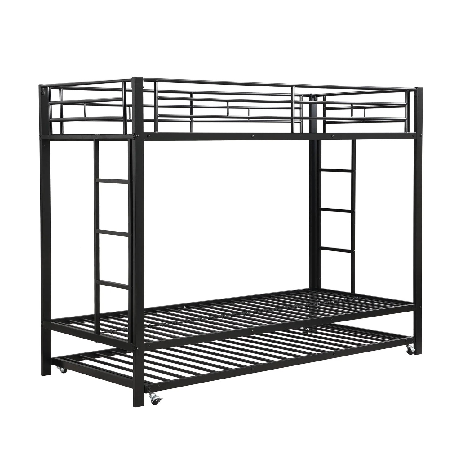 KOMHTOM Etagenbett 90x200Cm Eisenrahmenbett Kinderbett Ausgestattet Mit Ausziehbett Hohe Geländer Robuste Konstruktion Schwarz Ohne Matratze