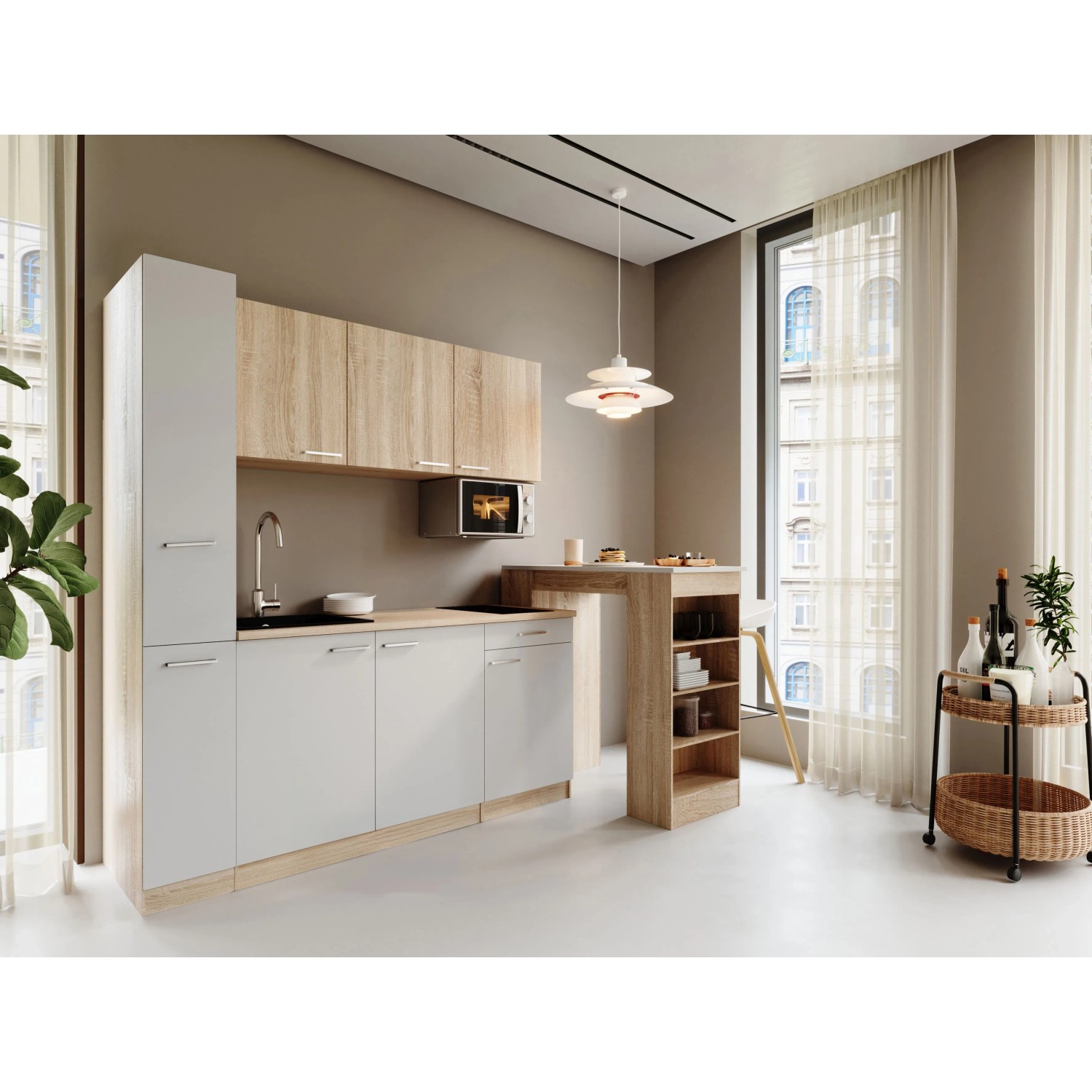 Respekta Ingrid Singleküche 180 cm Weiß inkl. Mikrowelle Bartisch und Apo