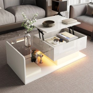 Weißer Hochglanz Couchtisch 100x50 cm mit Glasplatte, Hebefunktion und Stauraum.