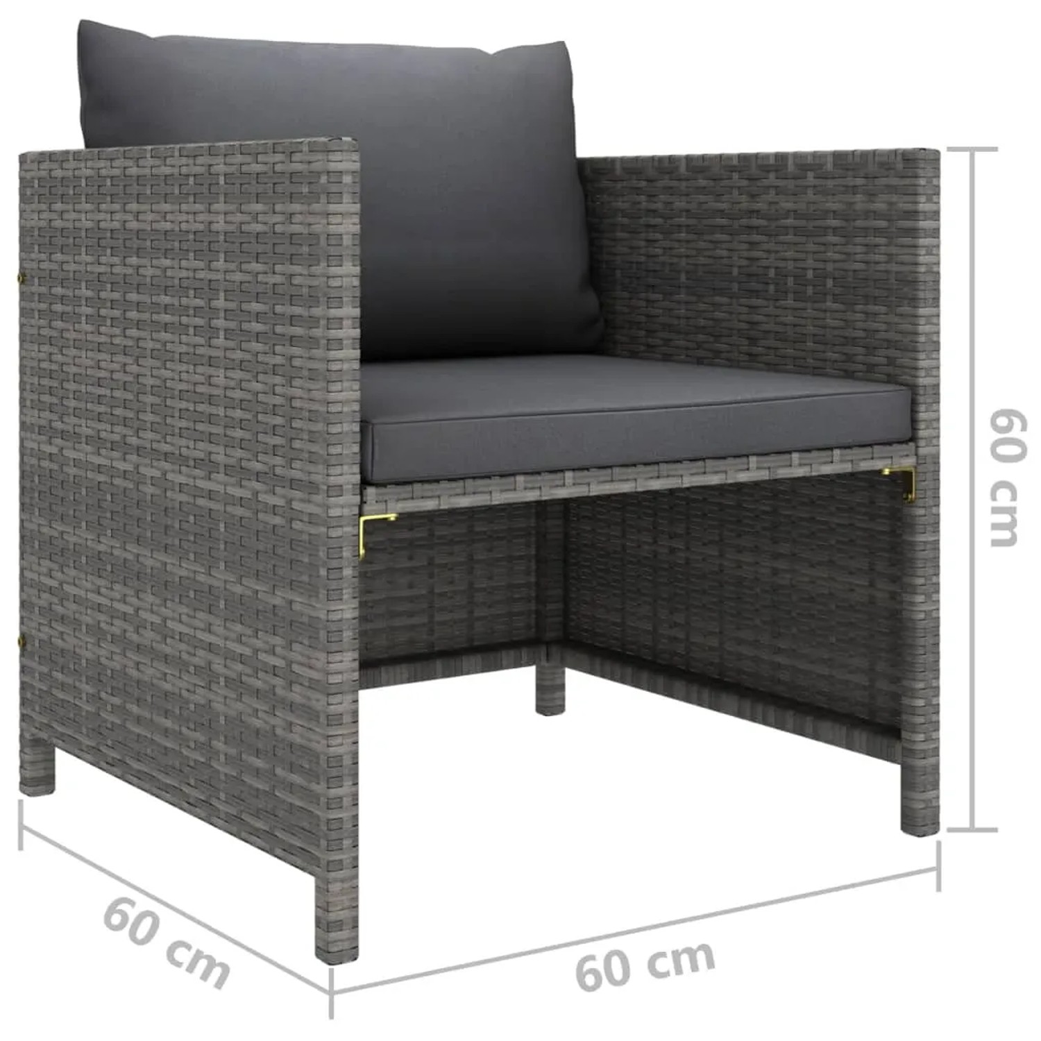 Grauer vidaXL Gartenstuhl aus Rattan mit anthrazitfarbenen Kissen, Teil eines Lounge Sets.