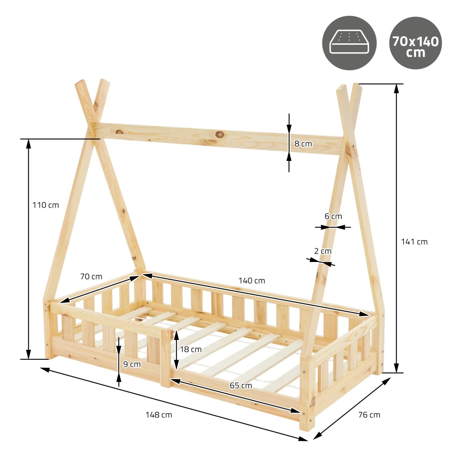 ML-Design Kinderbett Tipi 70x140cm, Naturholz mit Rausfallschutz und Lattenrost, Maße.