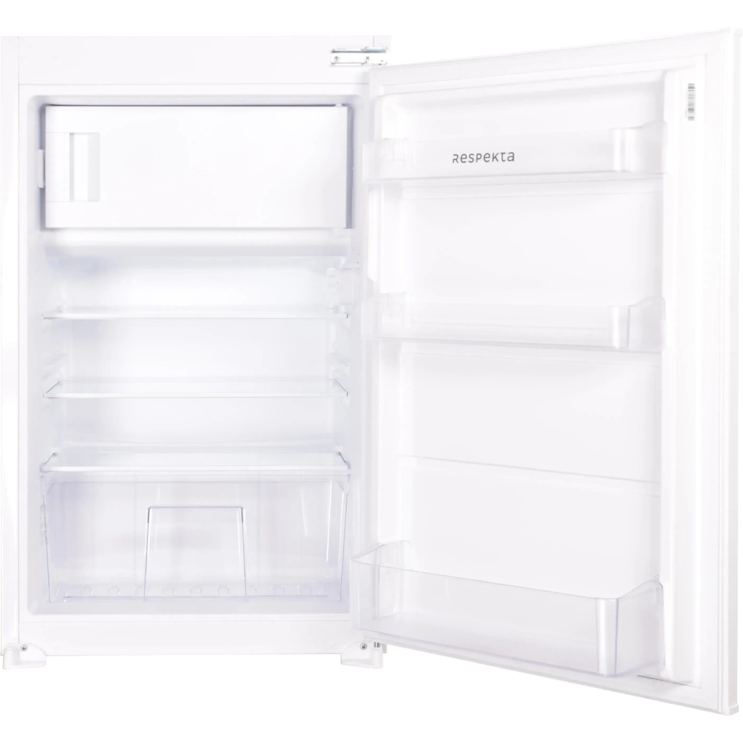 Offener, weißer Respekta Einbaukühlschrank als Teil der Küchenzeile KB270BGEC.