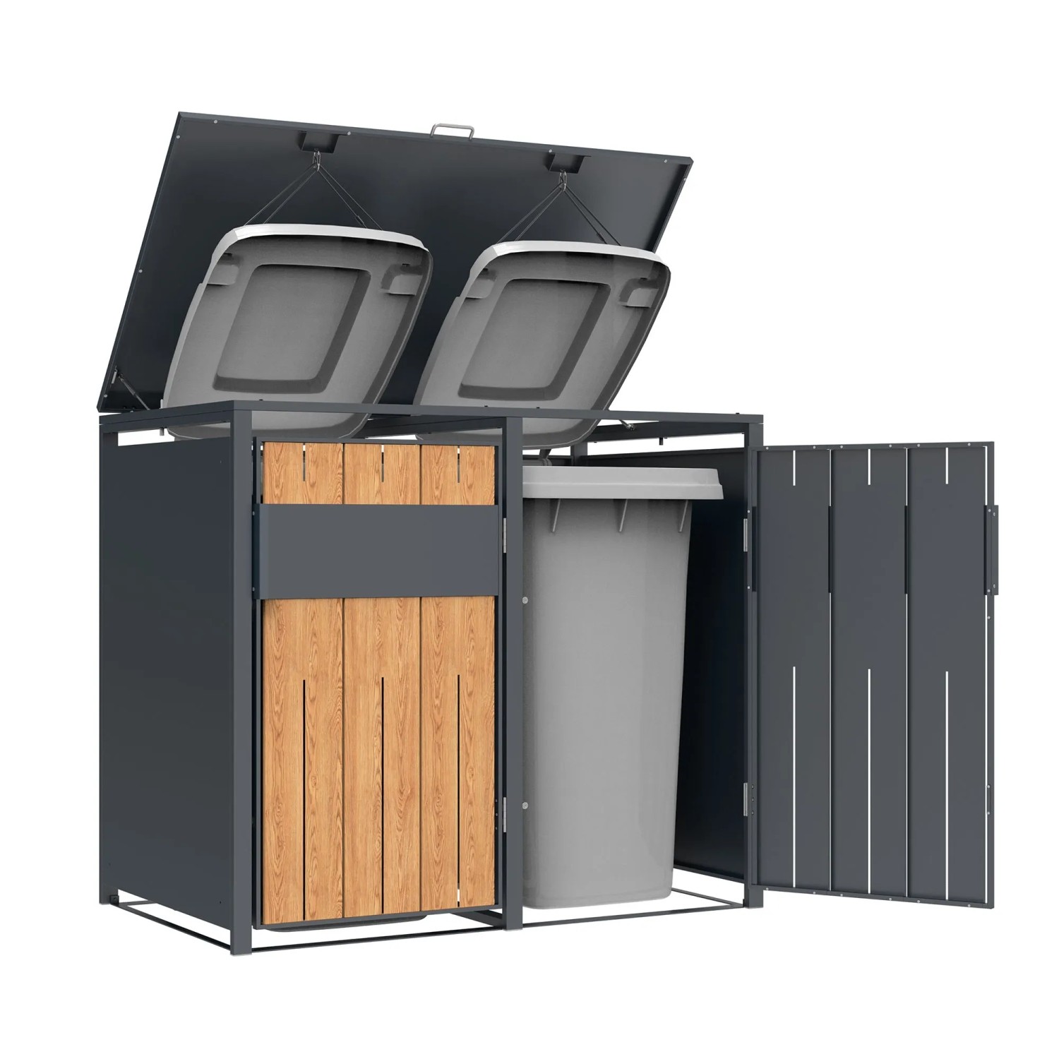 Westmann Mülltonnenbox Varius 2 für 2 Mülltonnen, Anthrazit Stahl mit Holzoptik Front. Deckel und Tür offen.
