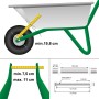 Abbildung des Schubkarrenrad 4er Sets mit Maßen und Achse, Reifen aus PU Gummi, Durchmesser 390 mm.