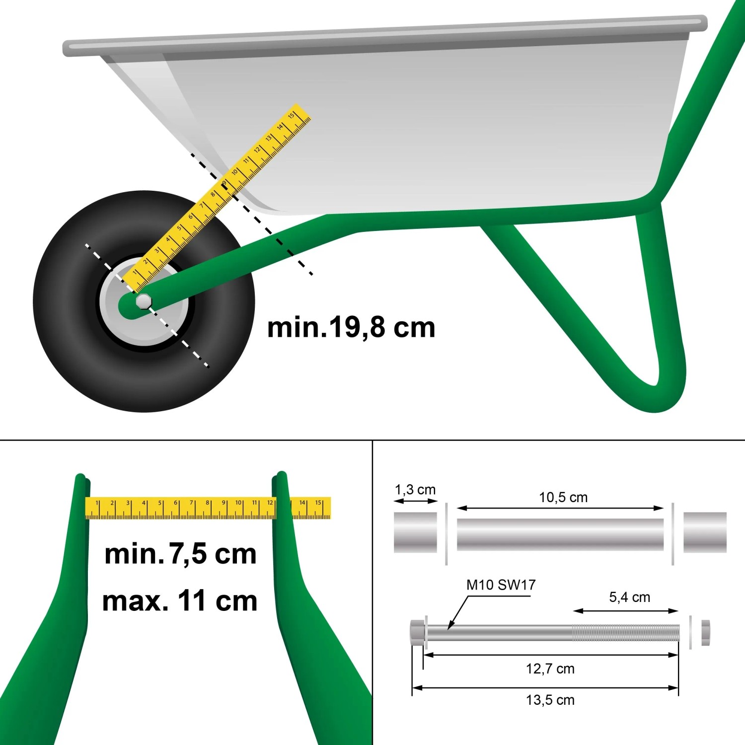 Abbildung des Schubkarrenrad 4er Sets mit Maßen und Achse, Reifen aus PU Gummi, Durchmesser 390 mm.