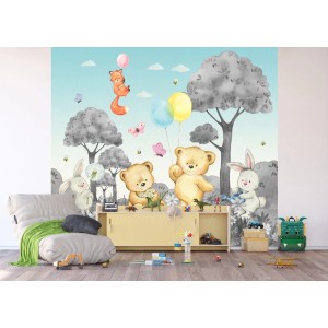 Sanders & Sanders Fototapete Wald mit Tieren in Grau und Blau, 3x2,7m.