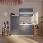 Respekta Miniküche KB160ESG in Grau-Eiche Sonoma mit Kühlschrank, Spüle und Kochfeld.
