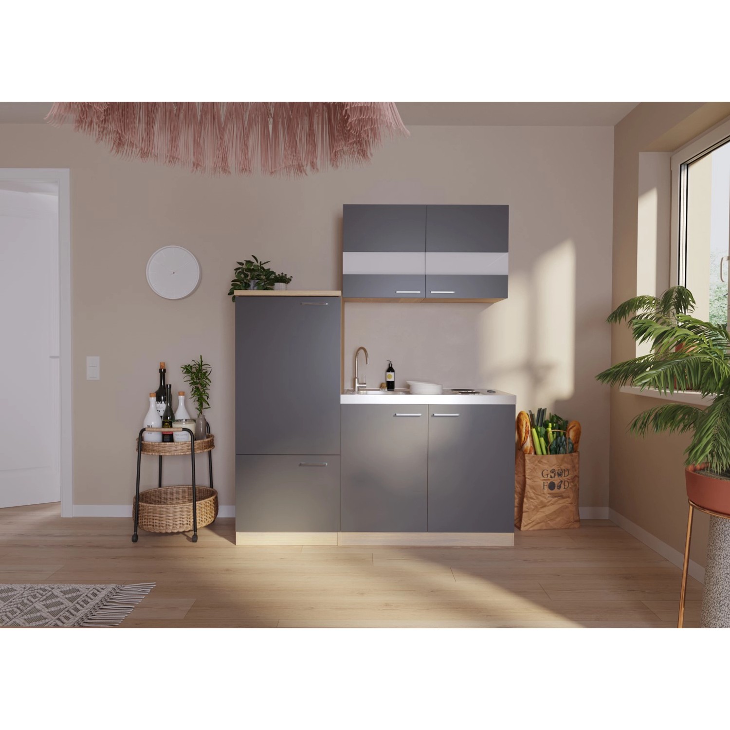 Respekta Miniküche KB160ESG 160 cm Grau-Eiche Sonoma Sägerau Nachbildung