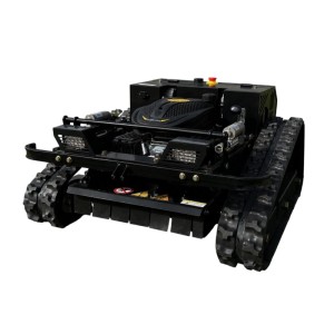 Robuster, schwarzer CARTIWELL CW-500 PLUS ferngesteuerter Benzin-Rasenmäher mit Raupenantrieb für Böschungen.