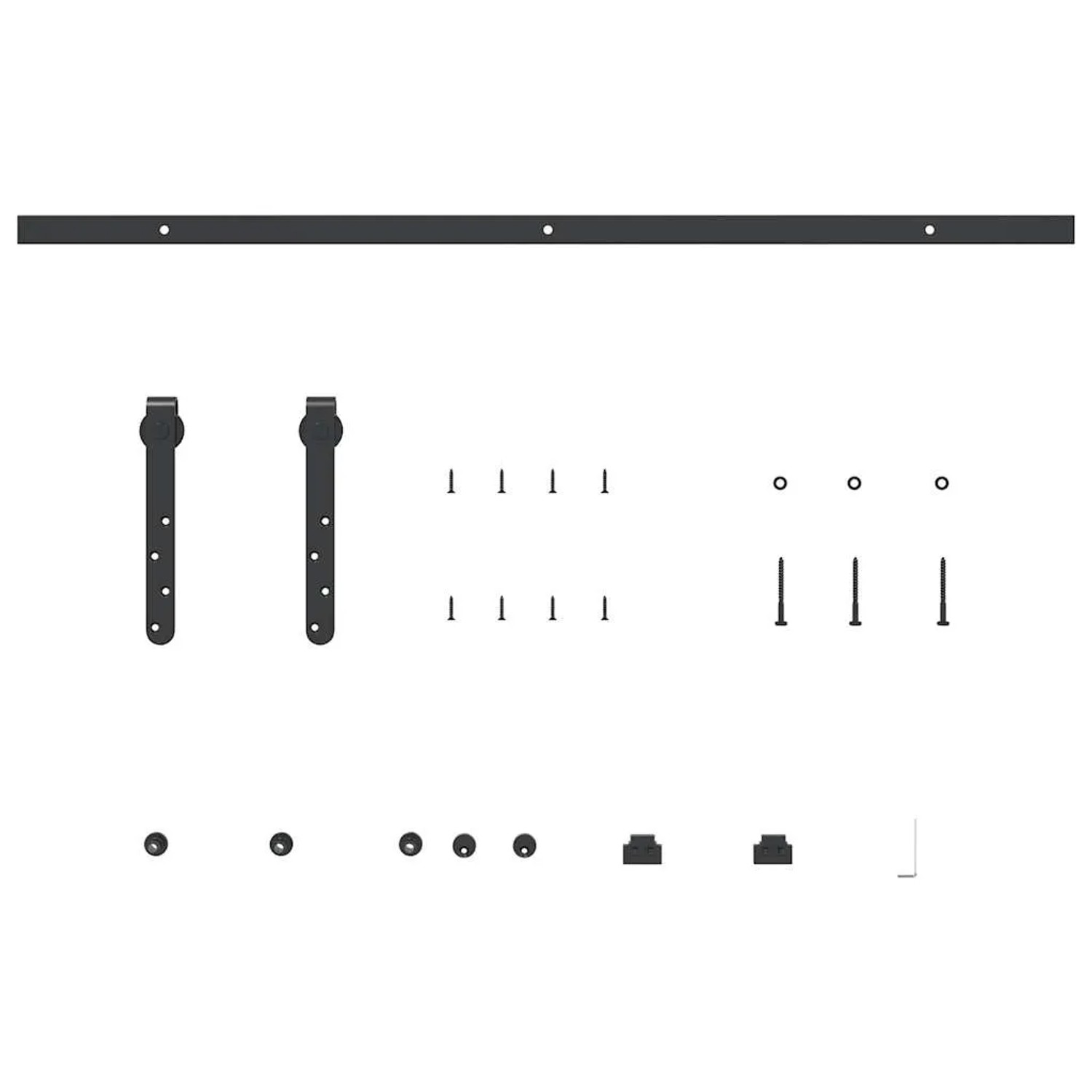 Schwarzes Schiebetürbeschlag Set aus Karbonstahl, mit 91 cm Laufschiene, Rollen und Schrauben für Schranktüren.