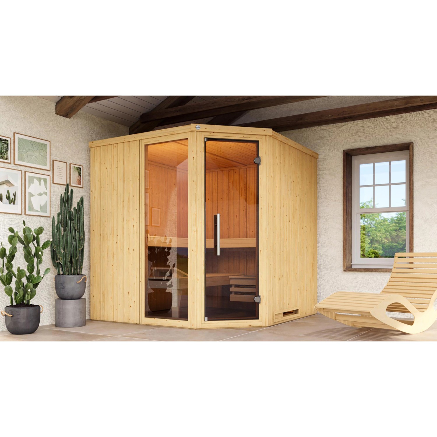 Weka Element-Ecksauna Varberg 3 Sparset 9 kW Kompakt Glastür/Fenster günstig online kaufen