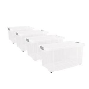 4er Set transparente BigDean Euroboxen mit Deckel und Rollen, 60x40x33 cm, zur Aufbewahrung und Ordnung.