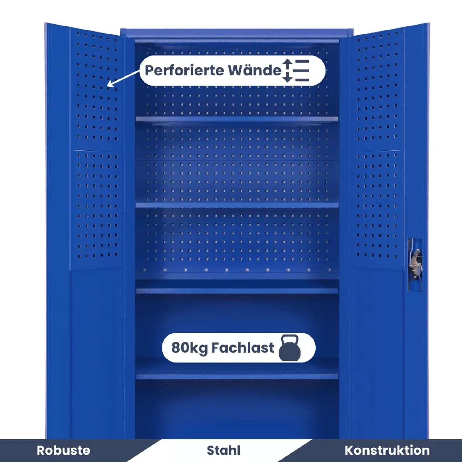 Offener, blauer DELUKE Werkzeugschrank mit Lochwand und Einlegeböden.