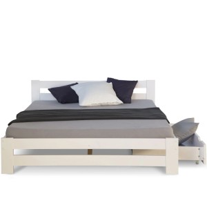 Weißes Kiefernholz Doppelbett 140x200 cm mit Kopfteil und ausziehbarem Bettkasten. Schlichtes Holzbett.