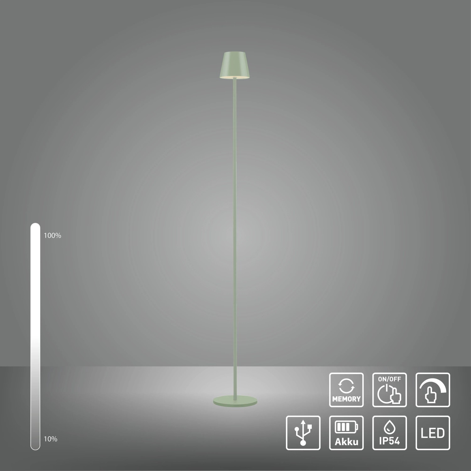Grüne LED-Akku-Stehleuchte Euria, 125 cm hoch, für Innen- und Außenbereich.
