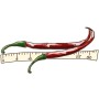 Zwei lange, rote Chili Joes Long Schoten mit einem Maßband zur Größenanzeige.
