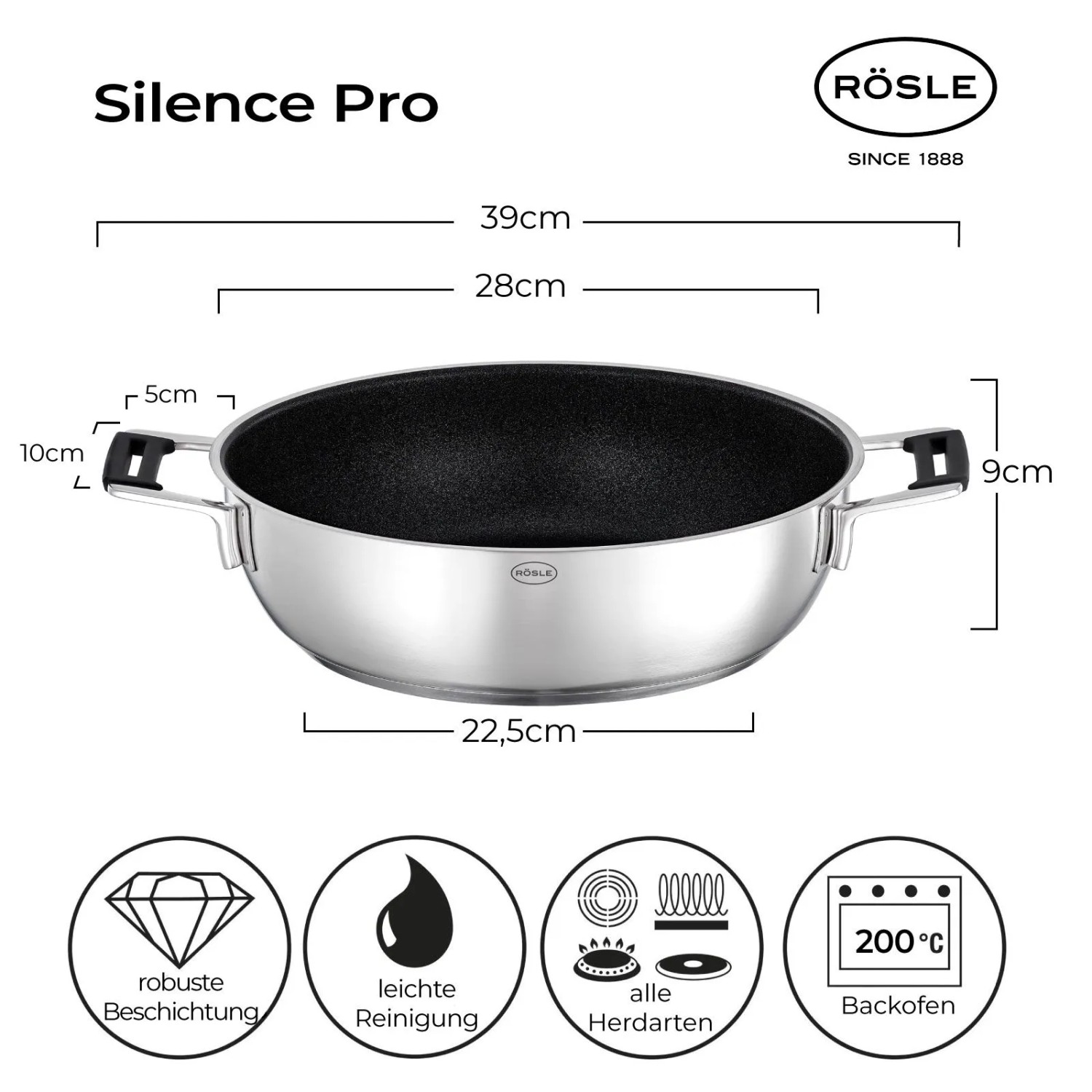 RÖSLE Silence Pro Servierpfanne Ø 28 cm aus Edelstahl mit schwarzer ProResist Antihaftbeschichtung, Griffen. Für alle Herdarten, ofenfest.